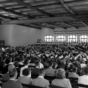 Black and white photo of Kresge Auditorium